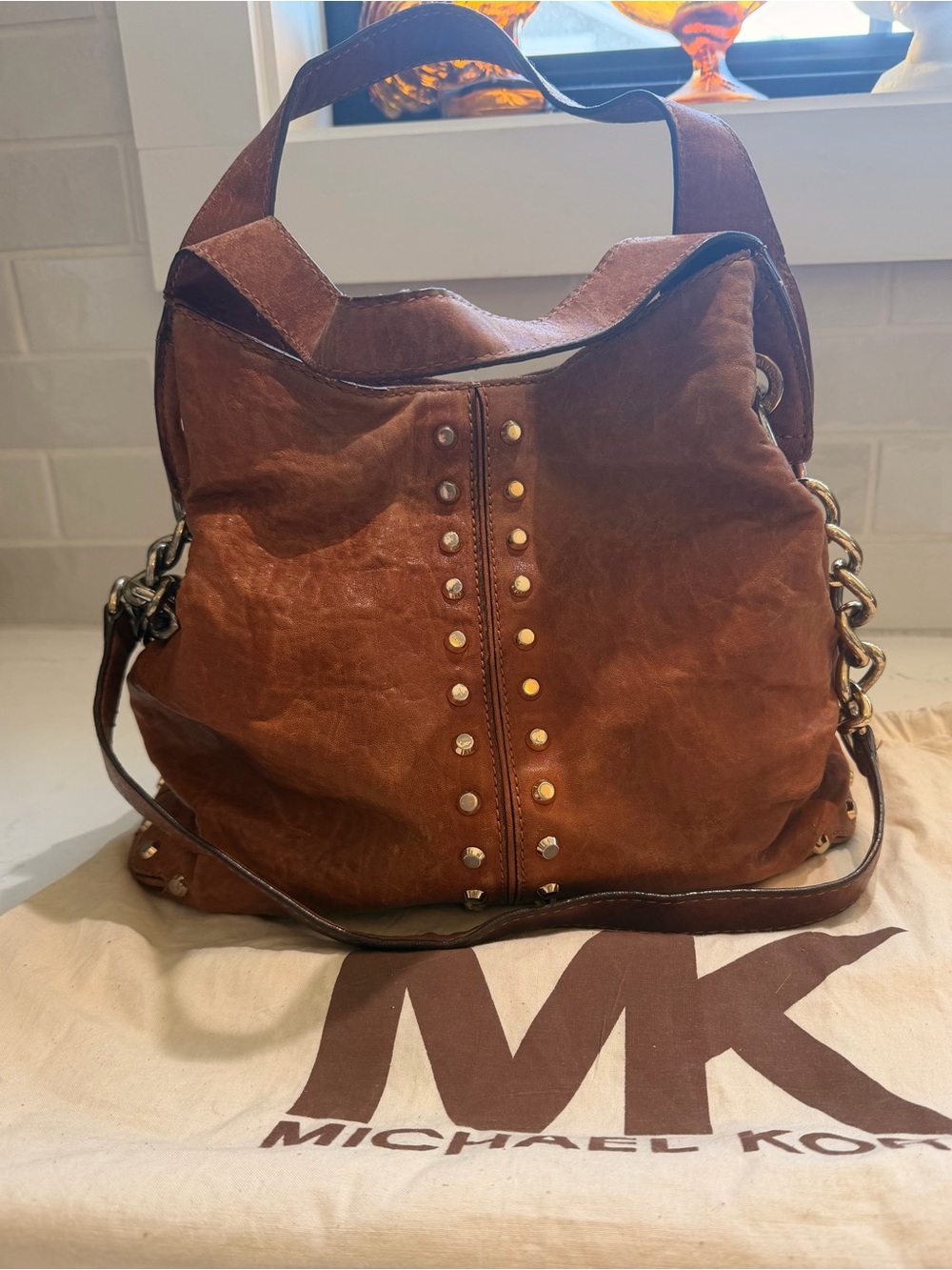 Michael Kors Chestnut Brown Studded Leather Shoulder Hobo